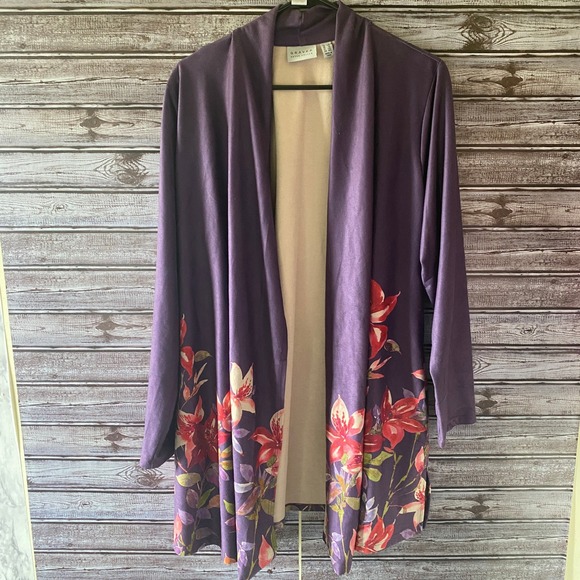 Susan Graver Jackets & Blazers - Susan Graver Women's Long-Sleeved Open-Front Jacket Sz 1X Purple Floral Pockets